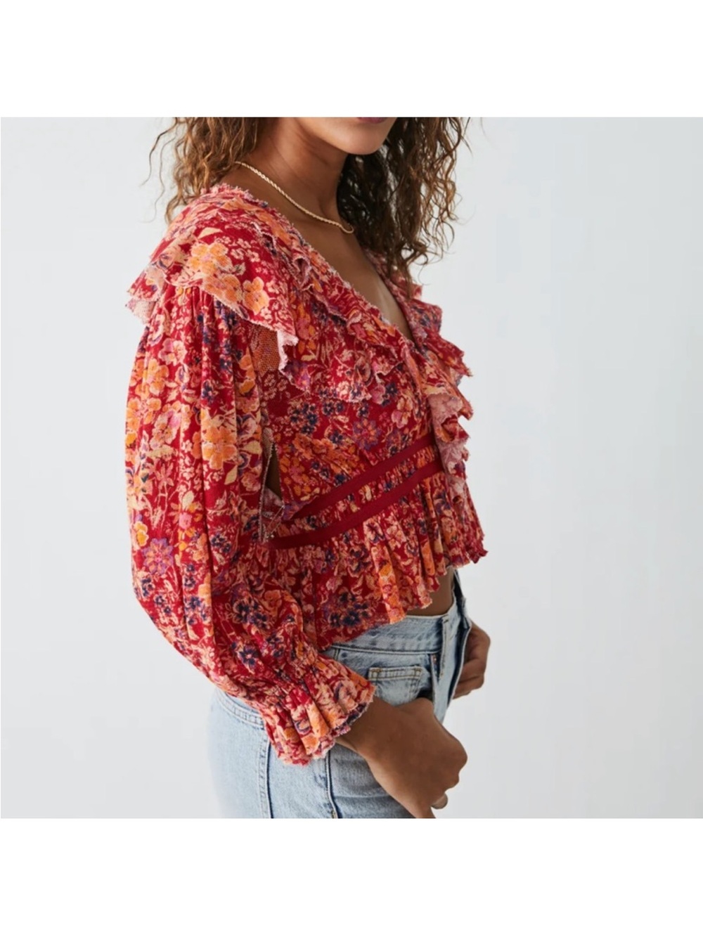 Free People Floral Rudi Ruffle Top Size Small NWT Cherry Combo - Picture 2 of 8